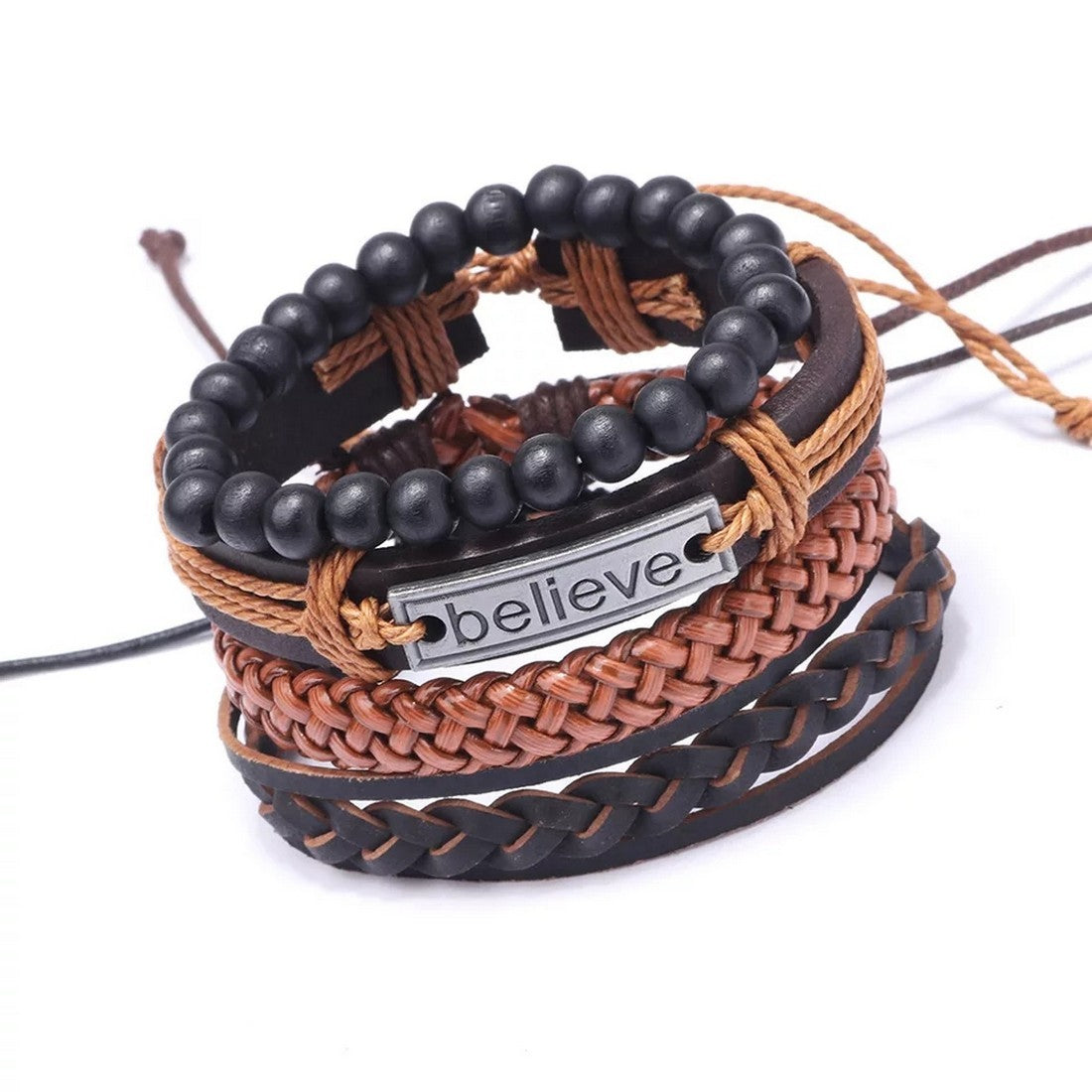 Brown “Believe” Imprint Leather Bracelet Combo for Men – Pack of 4
