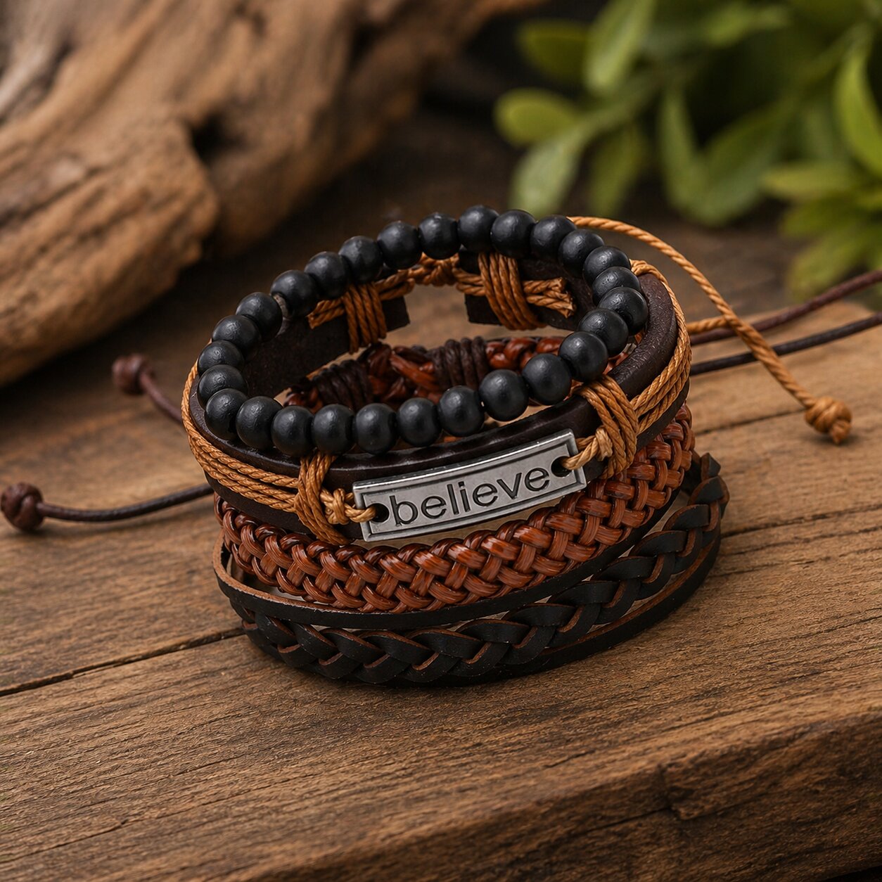 Brown “Believe” Imprint Leather Bracelet Combo for Men – Pack of 4