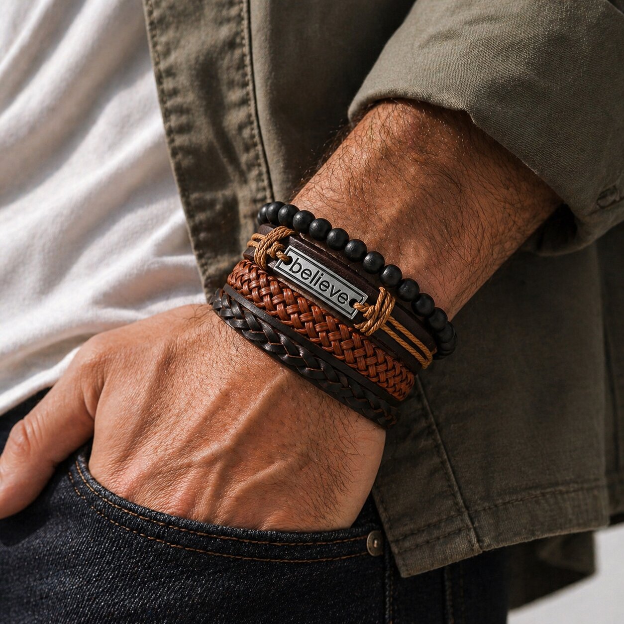 Brown “Believe” Imprint Leather Bracelet Combo for Men – Pack of 4