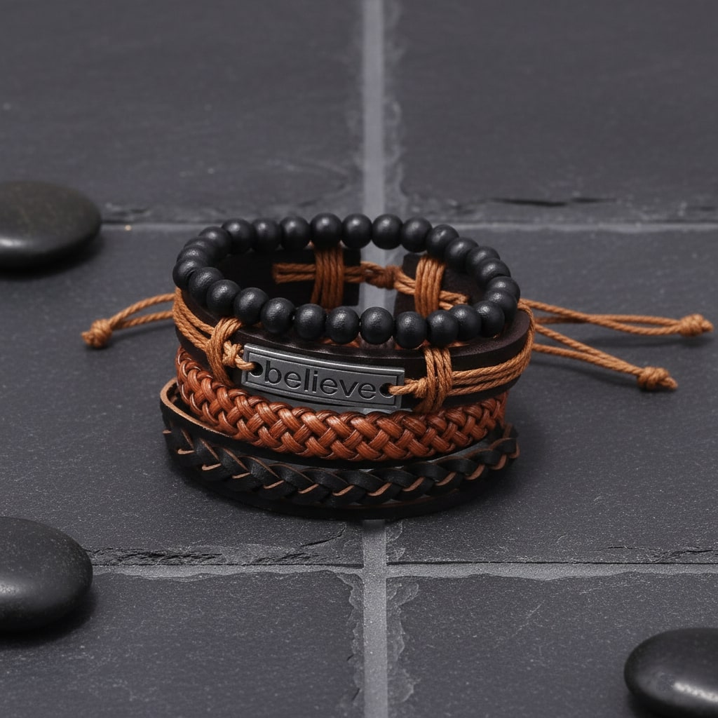 Brown “Believe” Imprint Leather Bracelet Combo for Men – Pack of 4
