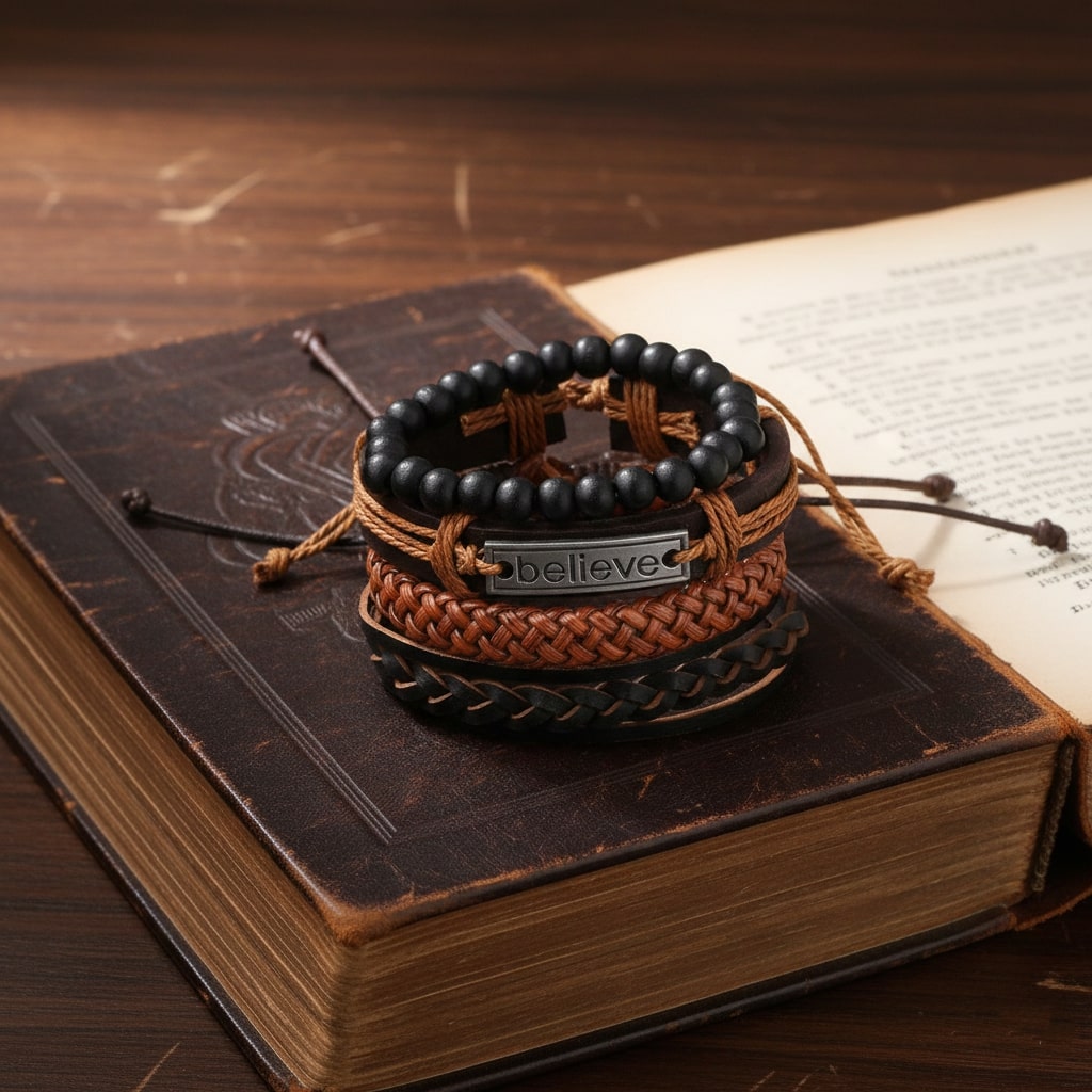 Brown “Believe” Imprint Leather Bracelet Combo for Men – Pack of 4