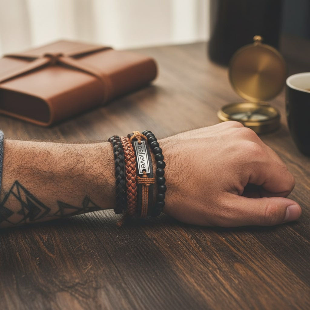 Brown “Believe” Imprint Leather Bracelet Combo for Men – Pack of 4