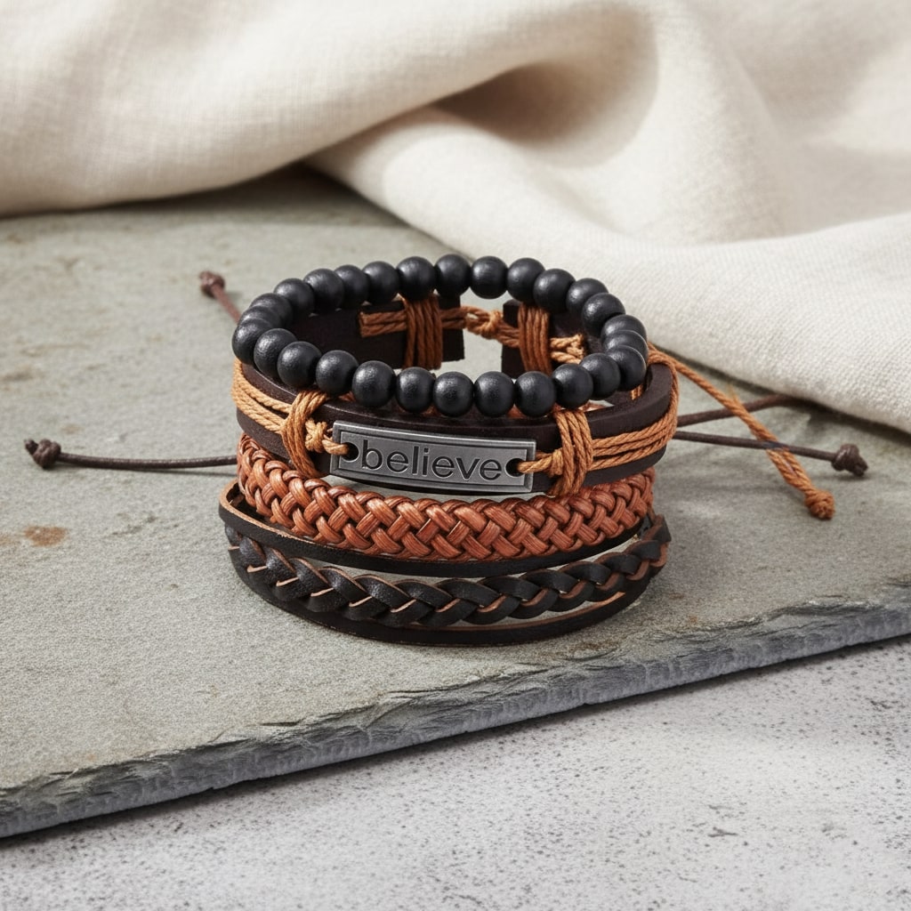 Brown “Believe” Imprint Leather Bracelet Combo for Men – Pack of 4