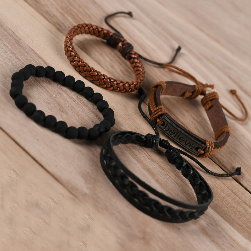 Brown “Believe” Imprint Leather Bracelet Combo for Men – Pack of 4