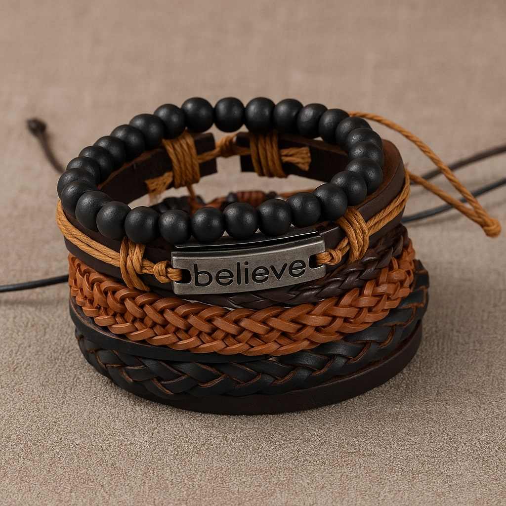 Brown “Believe” Imprint Leather Bracelet Combo for Men – Pack of 4