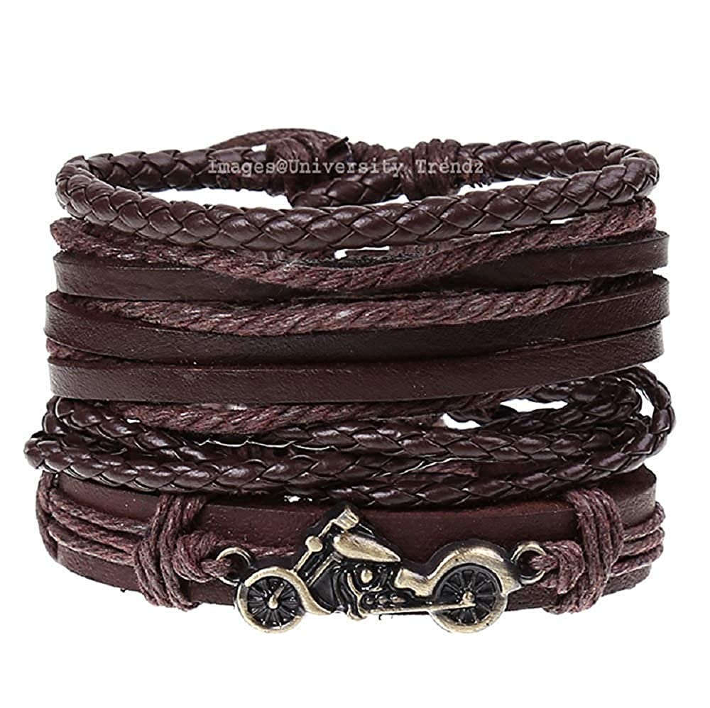 Brown Braided Bike Style Leather Bracelet For Men Pack of 4