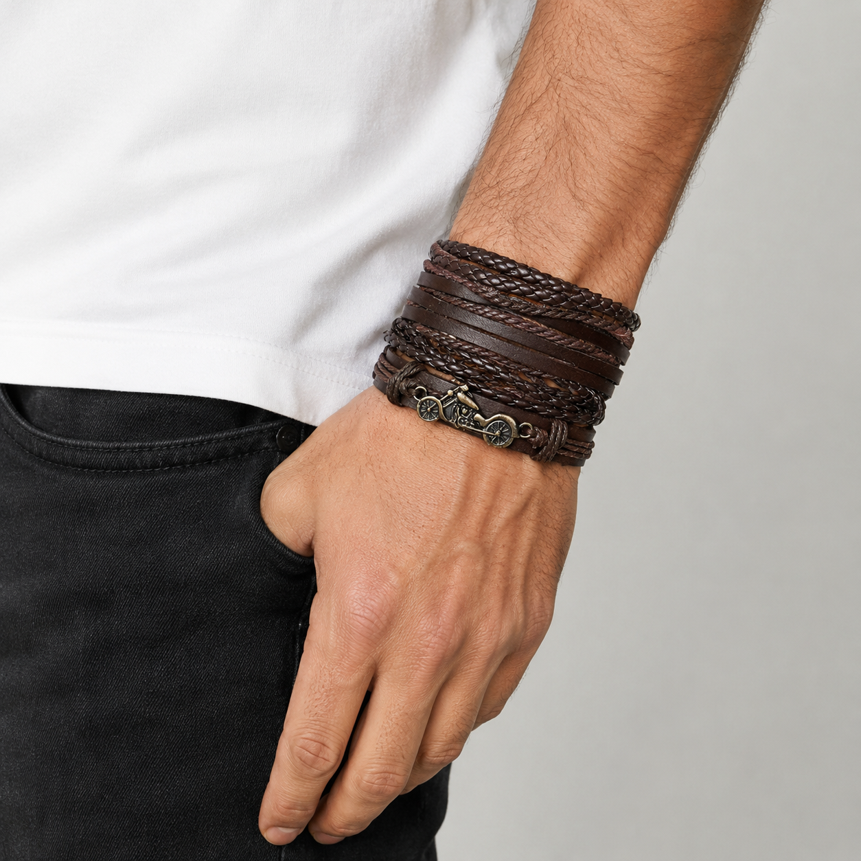 Brown Braided Bike Style Leather Bracelet For Men Pack of 4