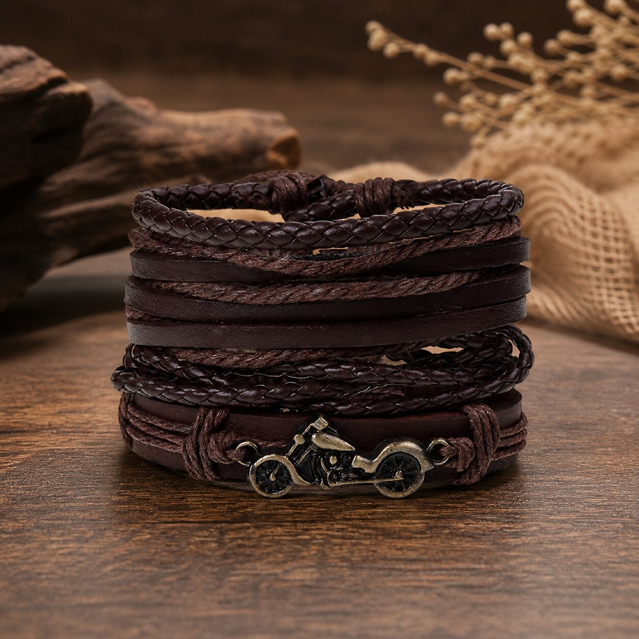 Brown Braided Bike Style Leather Bracelet For Men Pack of 4