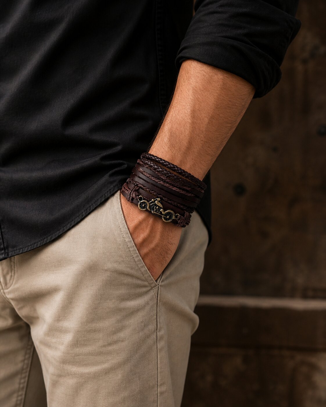 Brown Braided Bike Style Leather Bracelet For Men Pack of 4