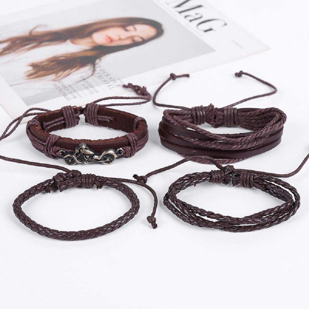 Brown Braided Bike Style Leather Bracelet For Men Pack of 4
