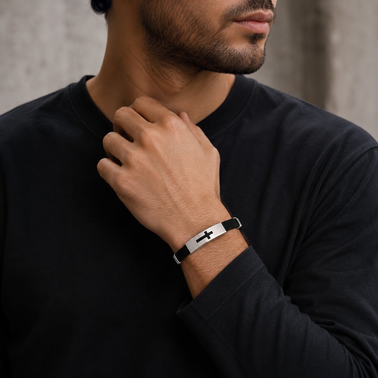 Black Cross Silicon Leather Bracelet Wrist Band for Men