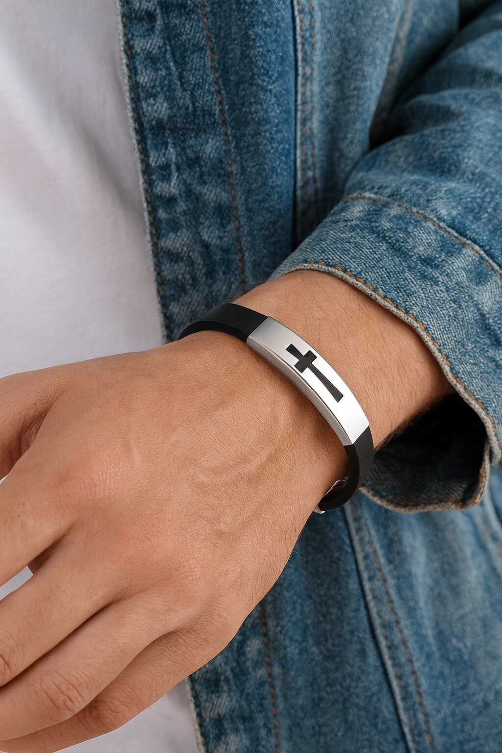 Black Cross Silicon Leather Bracelet Wrist Band for Men