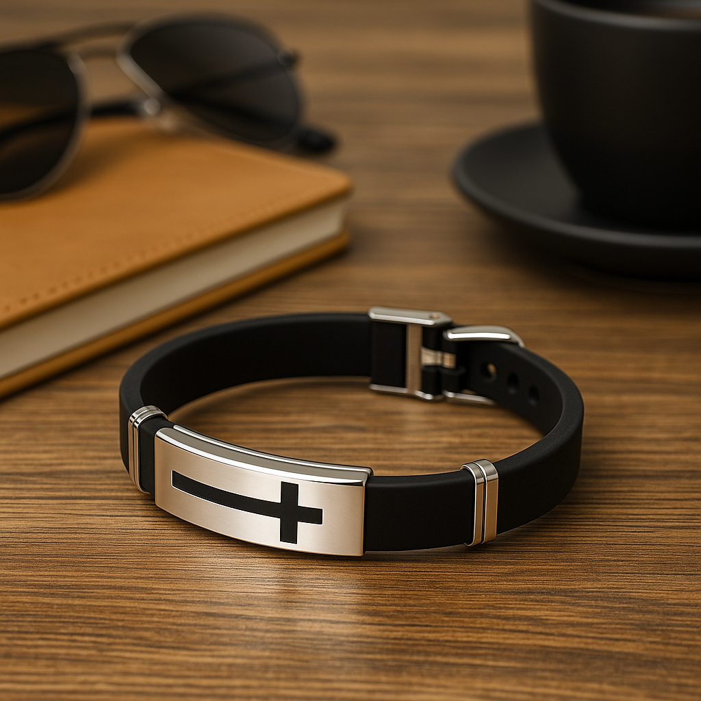 Black Cross Silicon Leather Bracelet Wrist Band for Men
