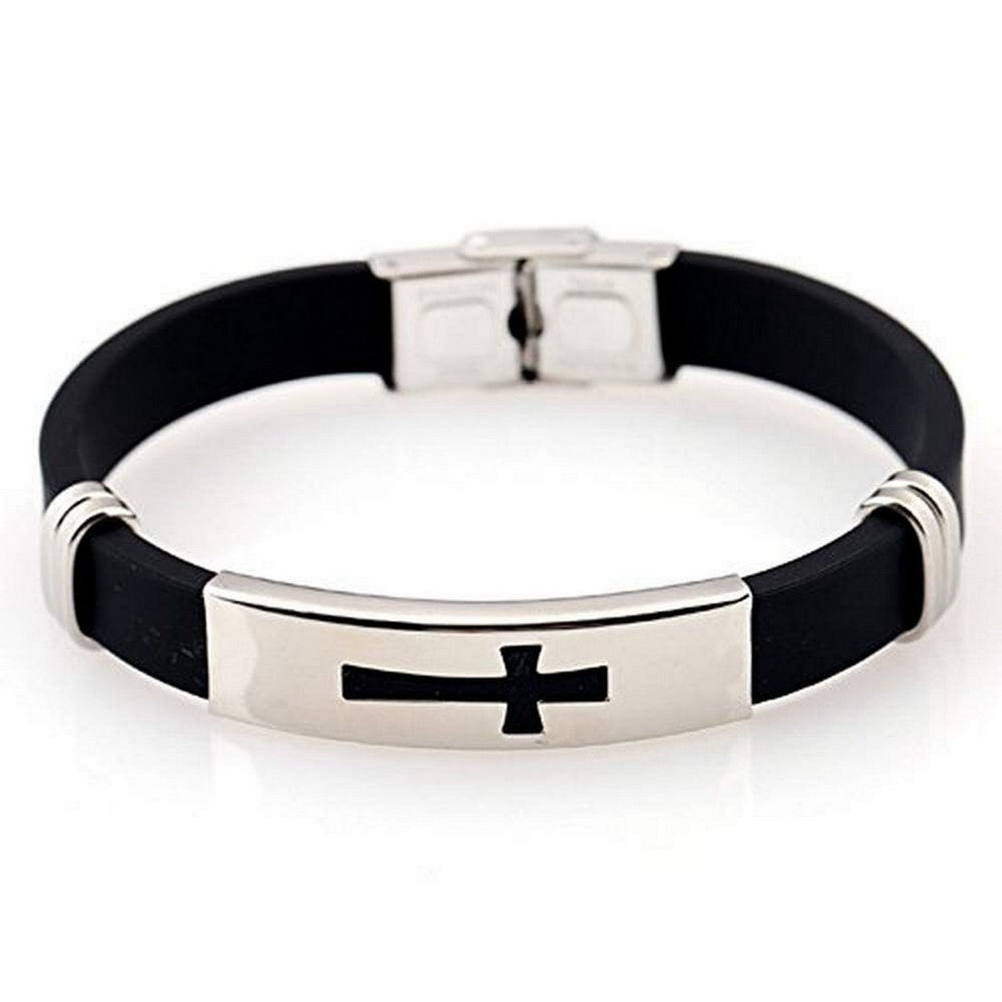 Black Cross Silicon Leather Bracelet Wrist Band for Men