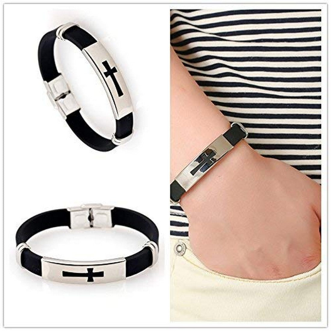 Black Cross Silicon Leather Bracelet Wrist Band for Men