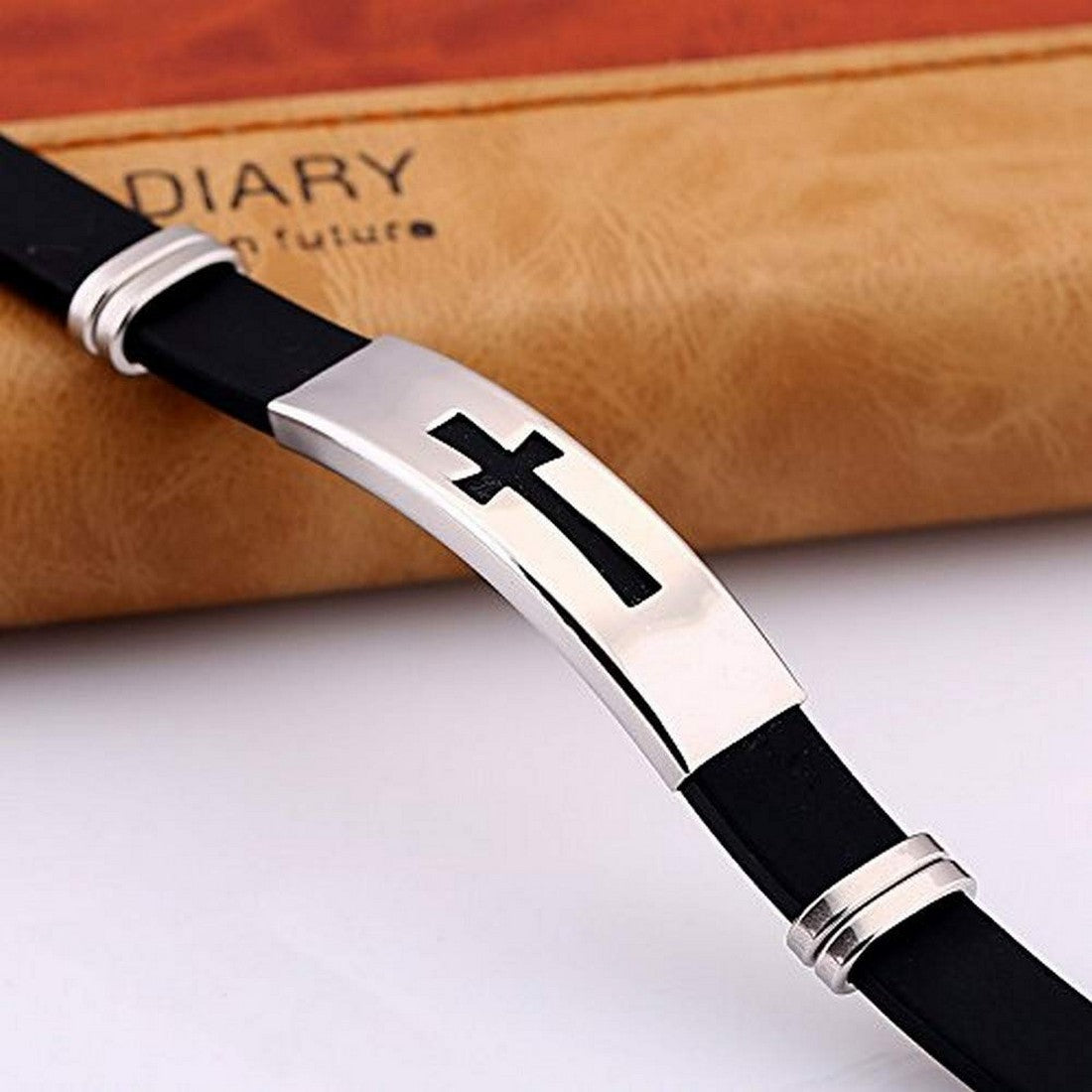 Black Cross Silicon Leather Bracelet Wrist Band for Men