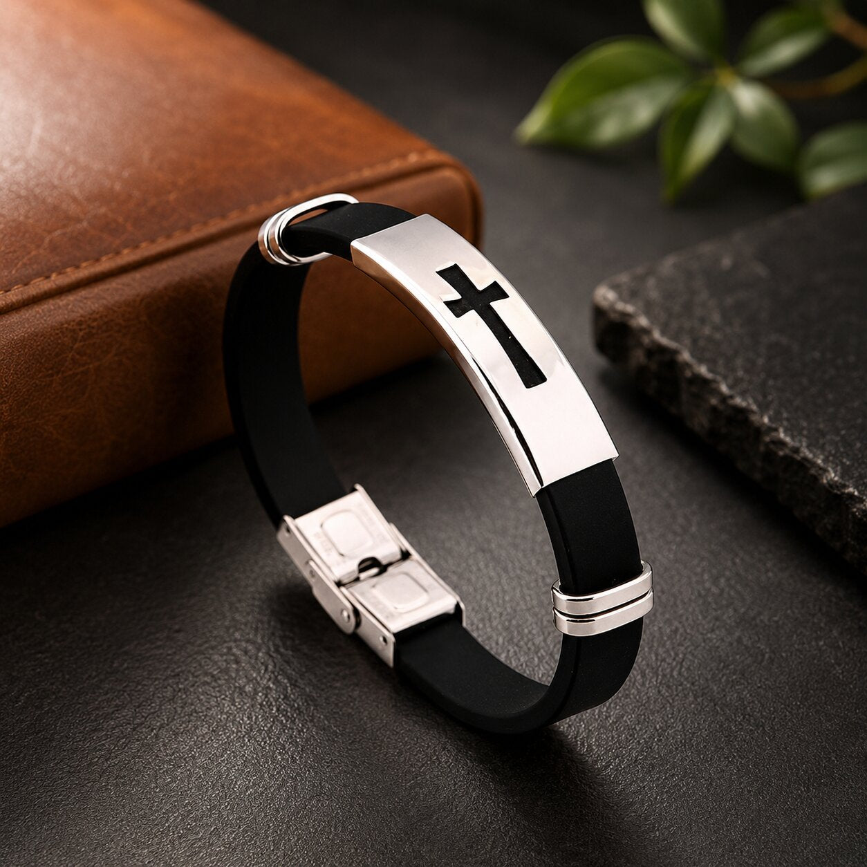 Black Cross Silicon Leather Bracelet Wrist Band for Men