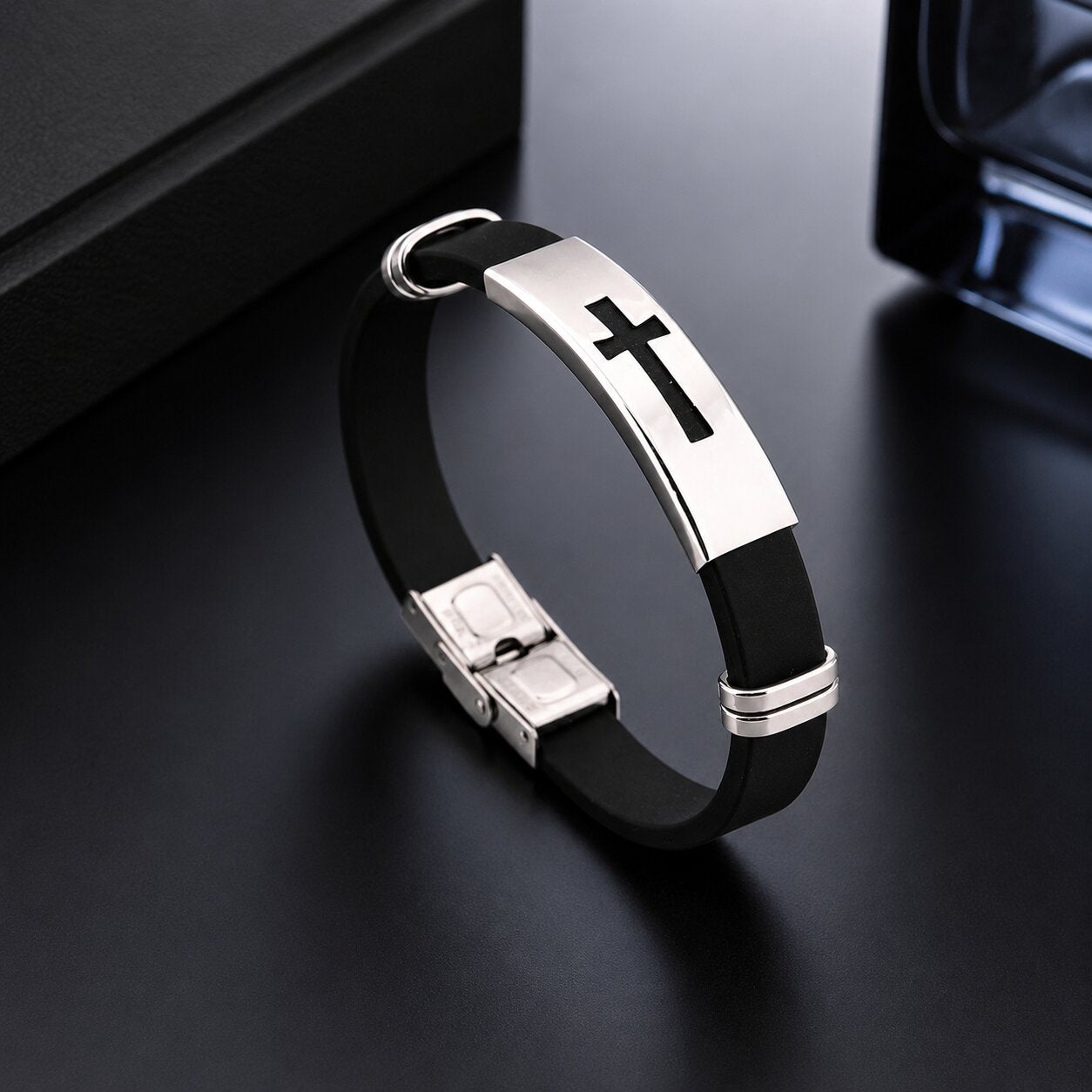 Black Cross Silicon Leather Bracelet Wrist Band for Men