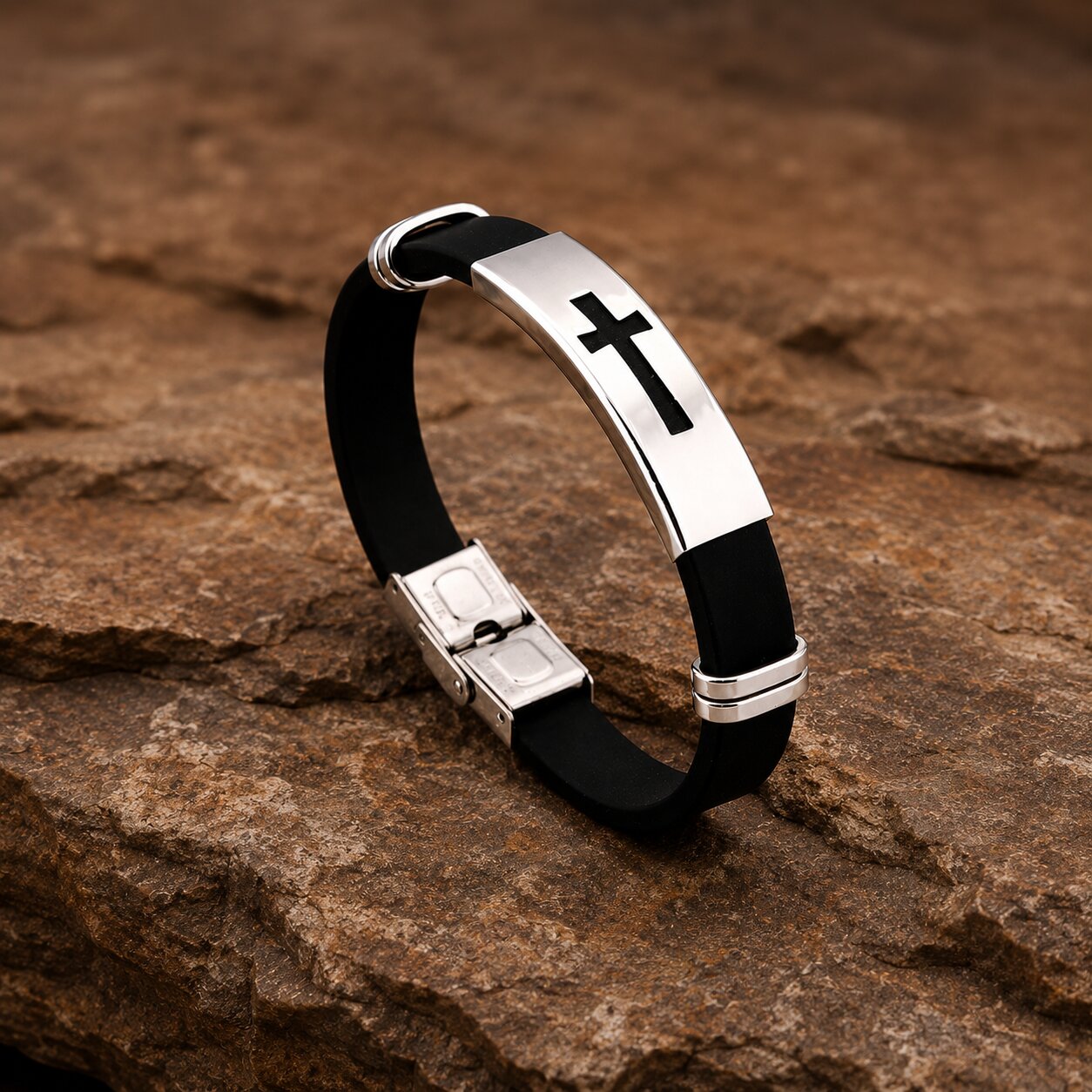 Black Cross Silicon Leather Bracelet Wrist Band for Men