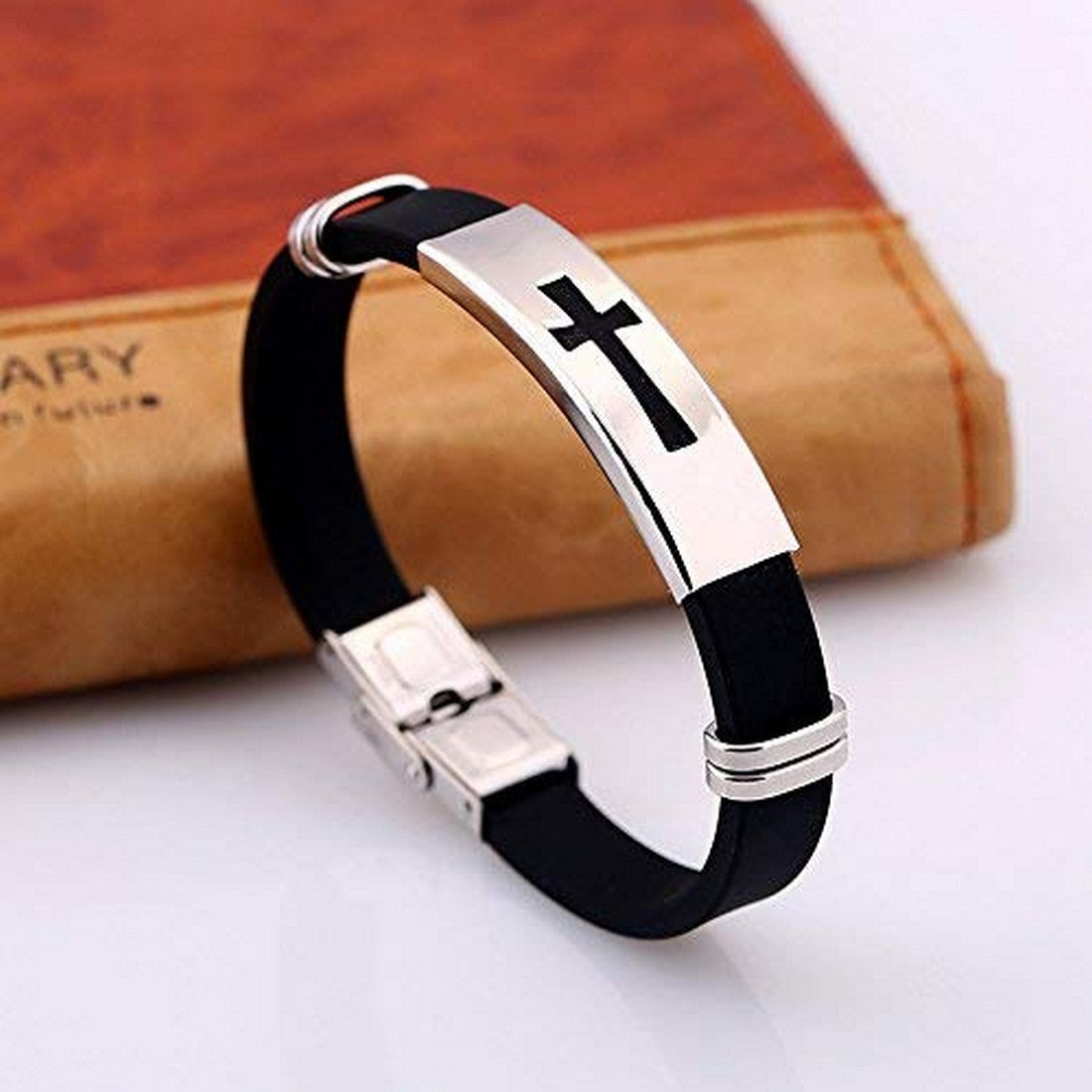 Black Cross Silicon Leather Bracelet Wrist Band for Men