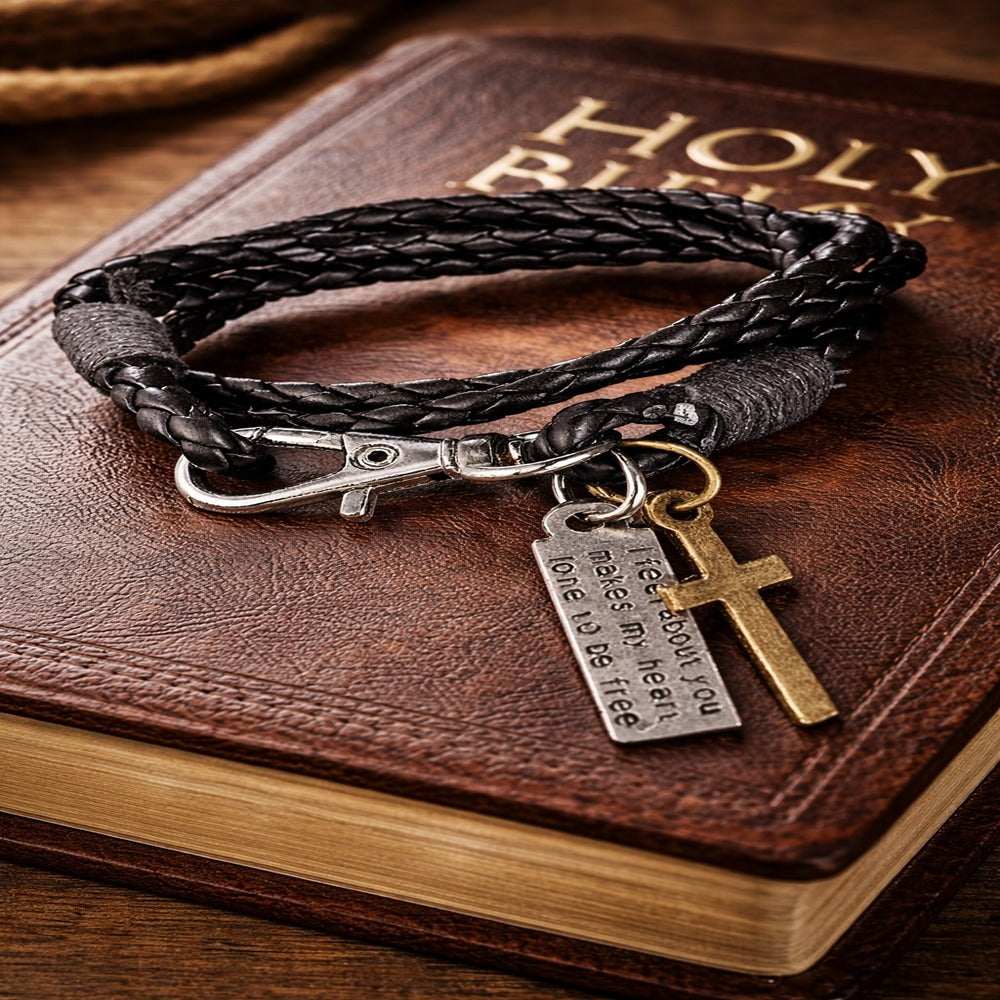 Black Braided Cross Leather Bracelet for Men