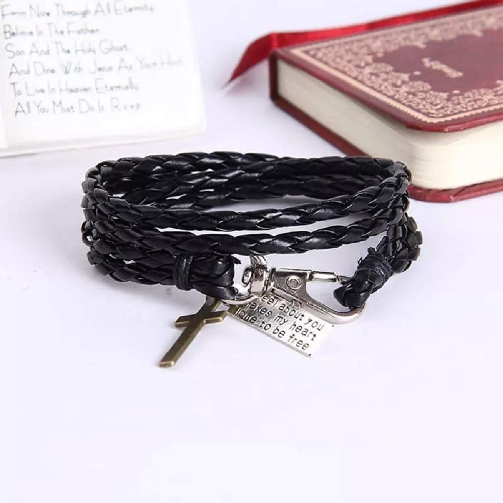 Black Braided Cross Leather Bracelet for Men