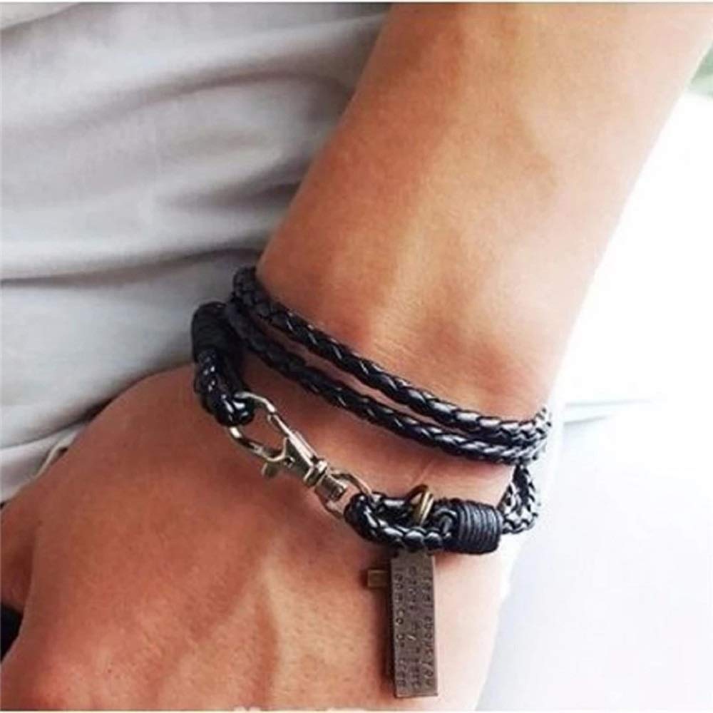 Black Braided Cross Leather Bracelet for Men