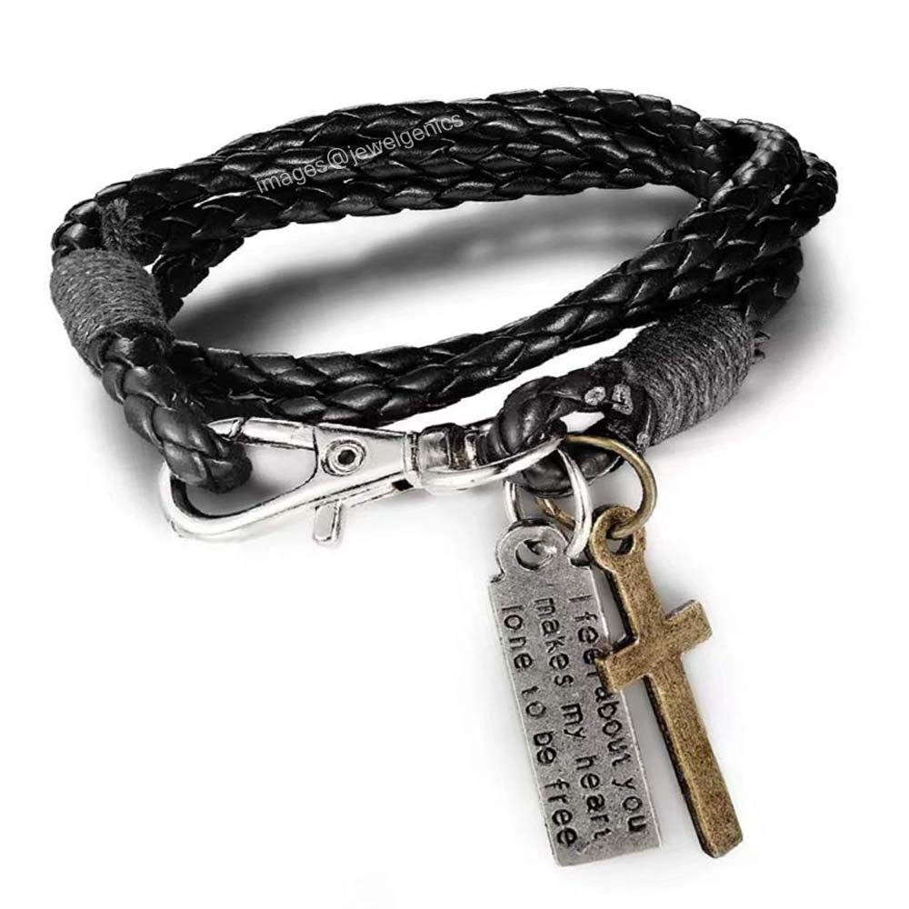 Black Braided Cross Leather Bracelet for Men
