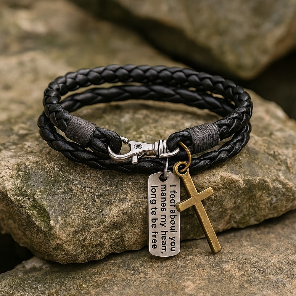 Black Braided Cross Leather Bracelet for Men