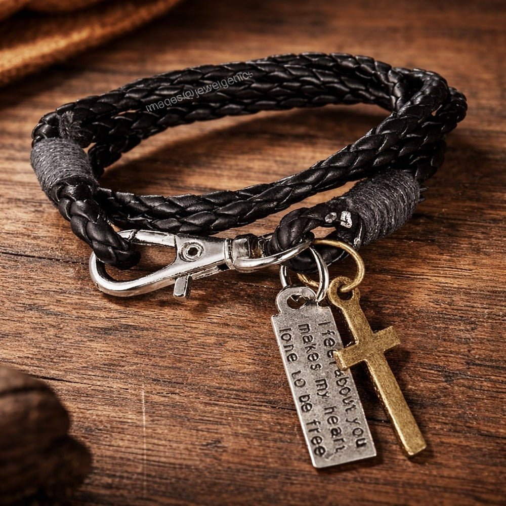 Black Braided Cross Leather Bracelet for Men