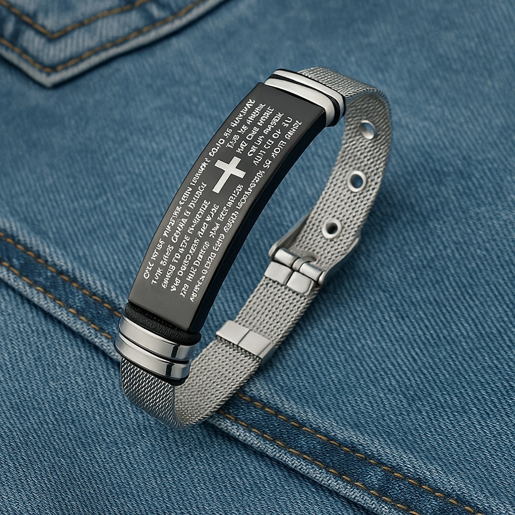 Cross Bible Quote Stainless Steel Mesh Chain Bracelet for Men