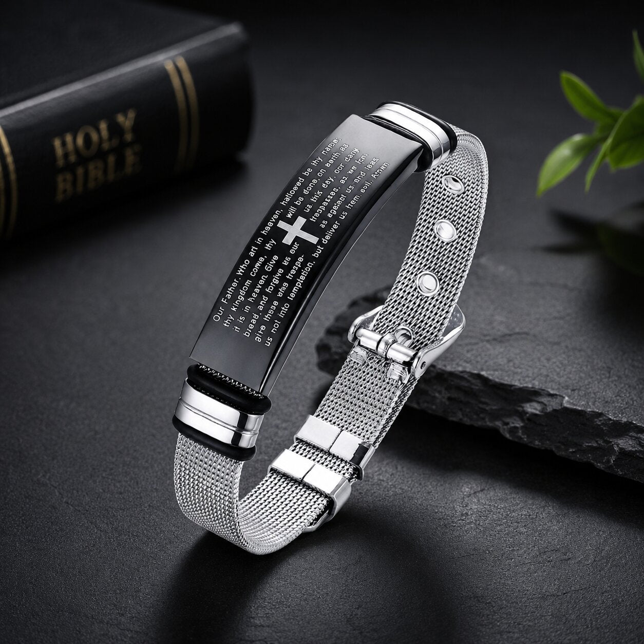 Cross Bible Quote Stainless Steel Mesh Chain Bracelet for Men