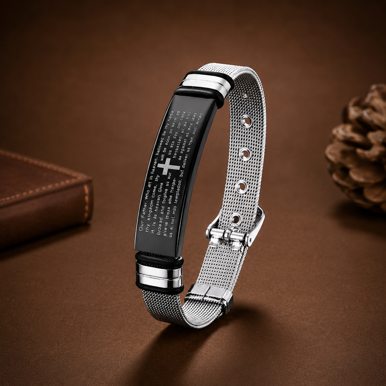 Cross Bible Quote Stainless Steel Mesh Chain Bracelet for Men