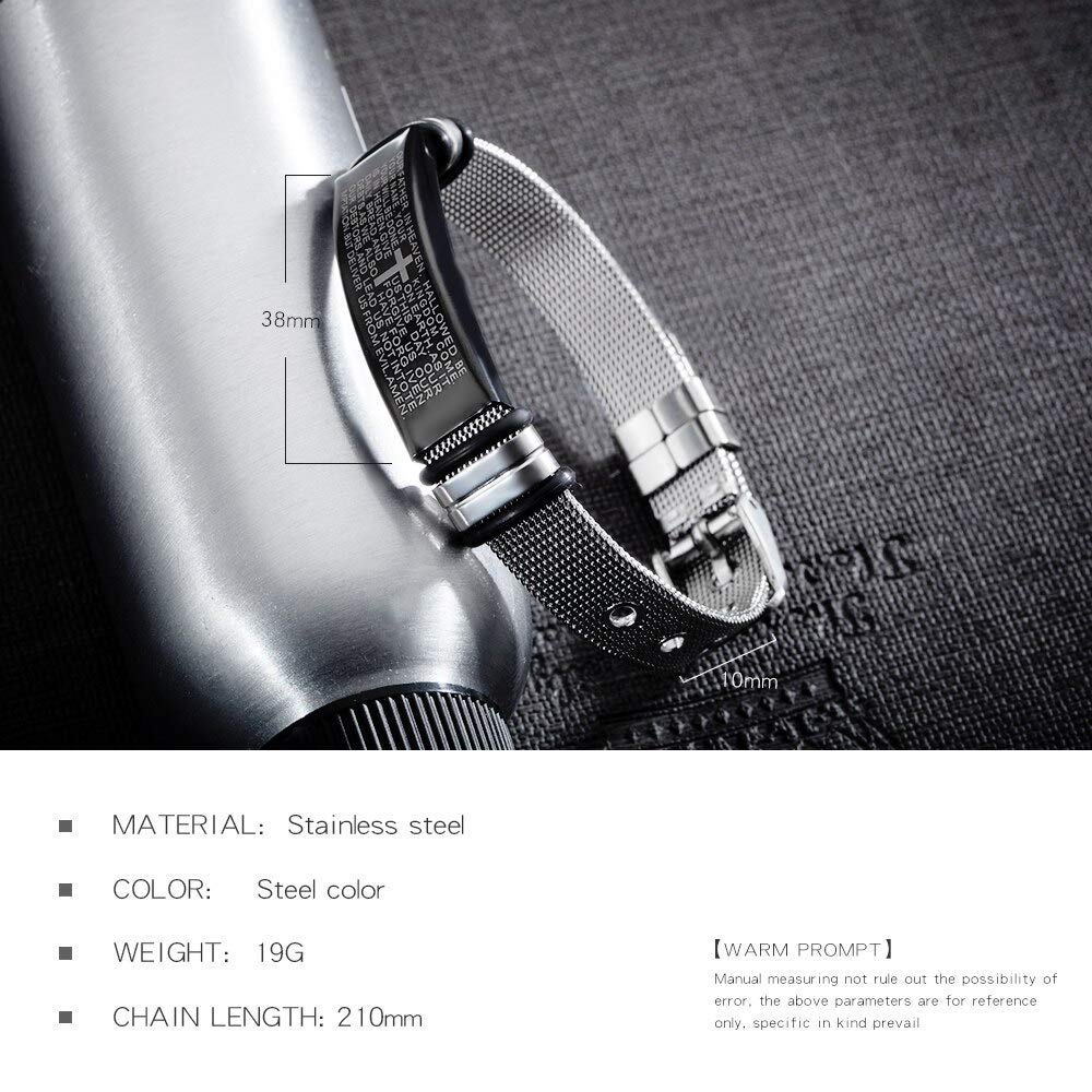 Cross Bible Quote Stainless Steel Mesh Chain Bracelet for Men