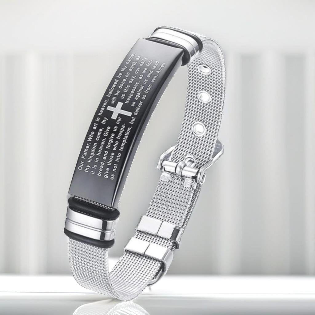 Cross Bible Quote Stainless Steel Mesh Chain Bracelet for Men