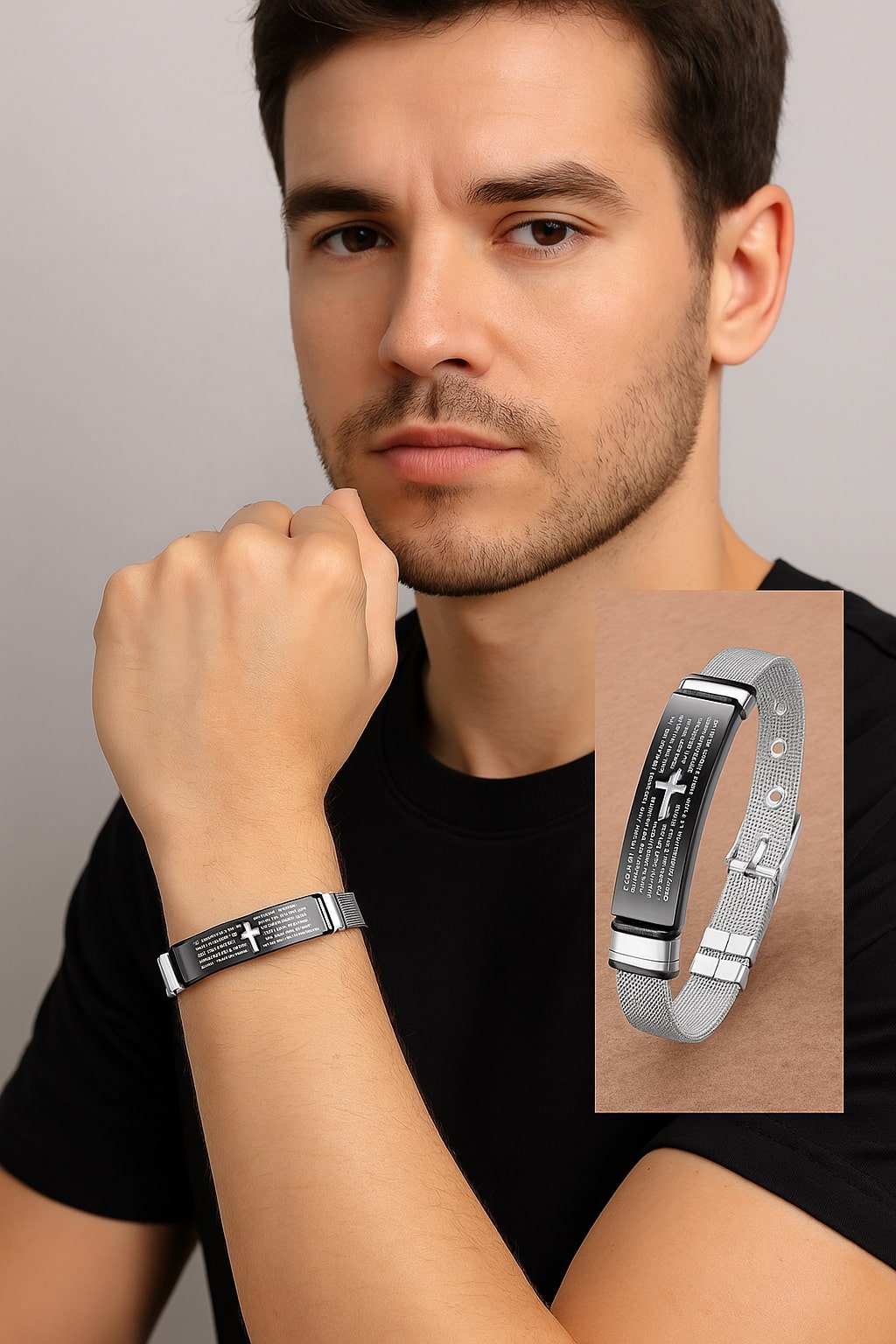 Cross Bible Quote Stainless Steel Mesh Chain Bracelet for Men
