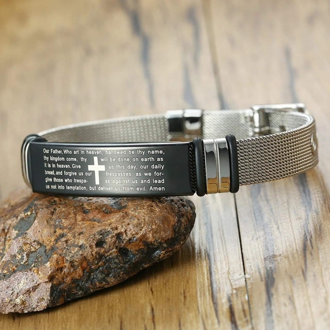 Cross Bible Quote Stainless Steel Mesh Chain Bracelet for Men