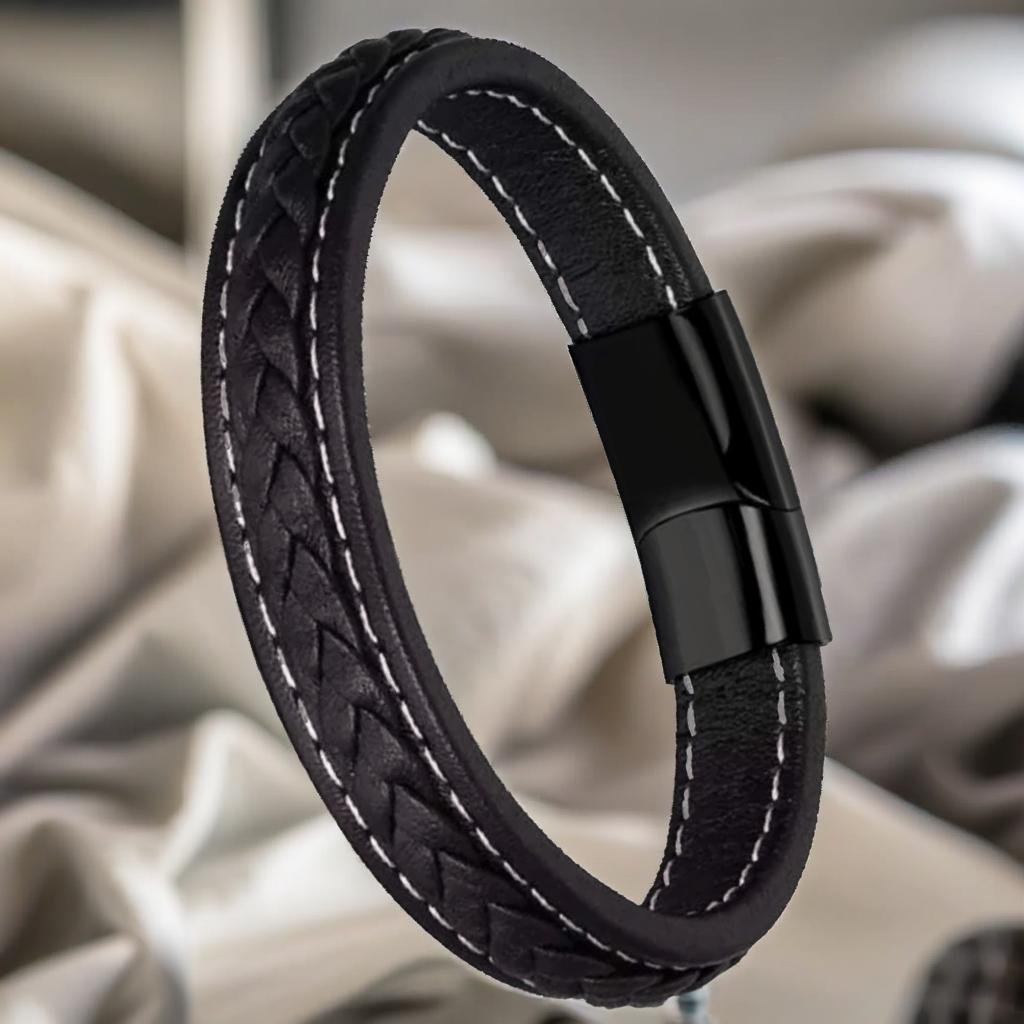 Black Braided Leather Bracelet for Men