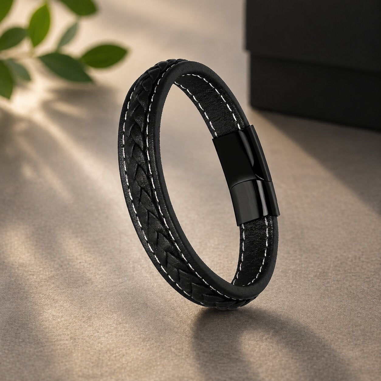 Black Braided Leather Bracelet for Men