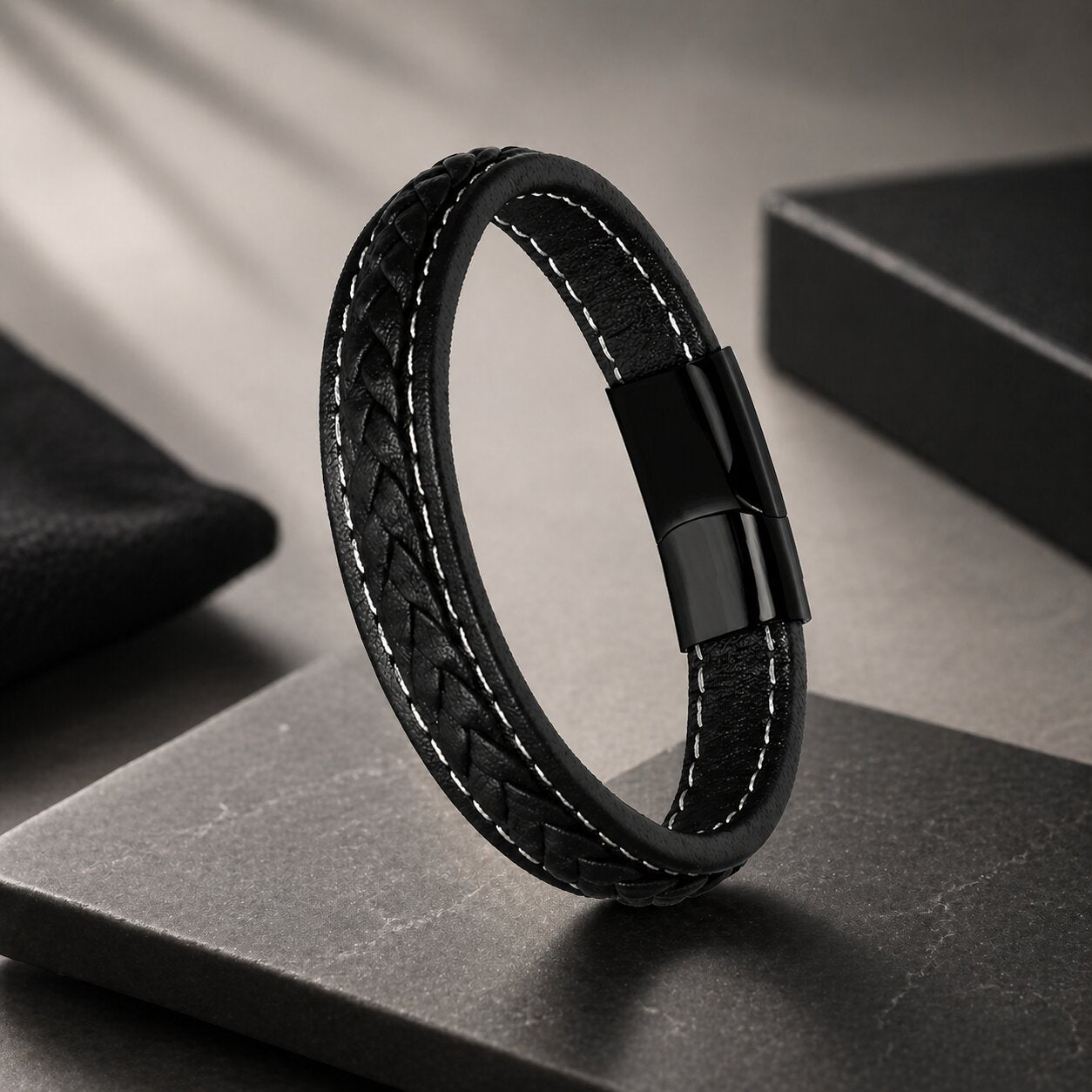 Black Braided Leather Bracelet for Men