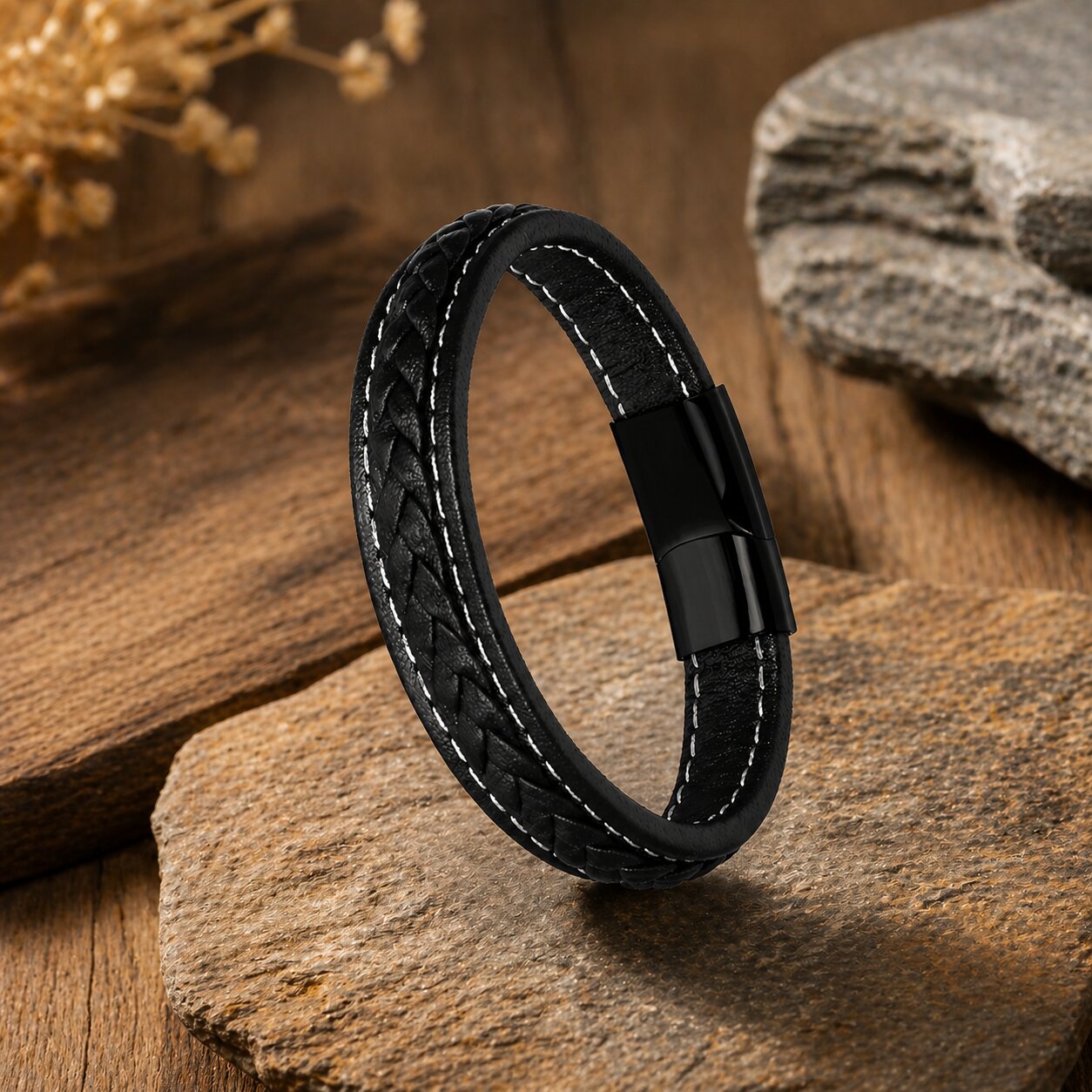 Black Braided Leather Bracelet for Men