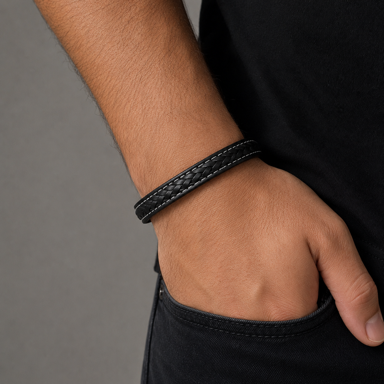 Black Braided Leather Bracelet for Men