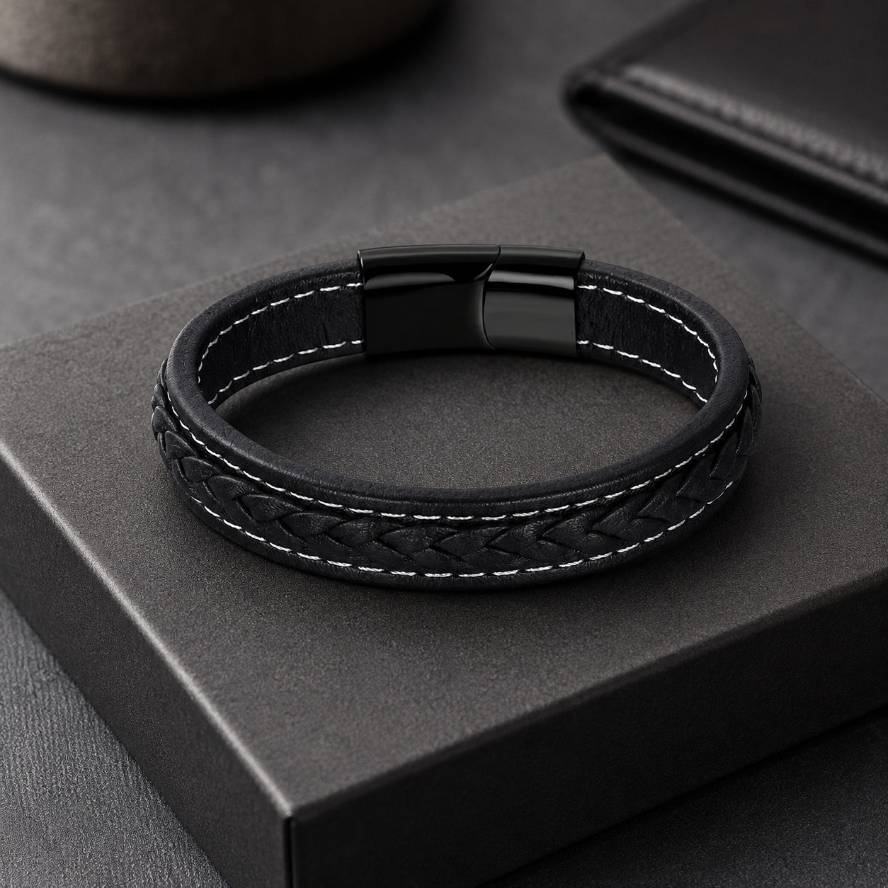 Black Braided Leather Bracelet for Men