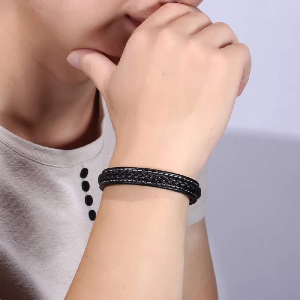 Black Braided Leather Bracelet for Men