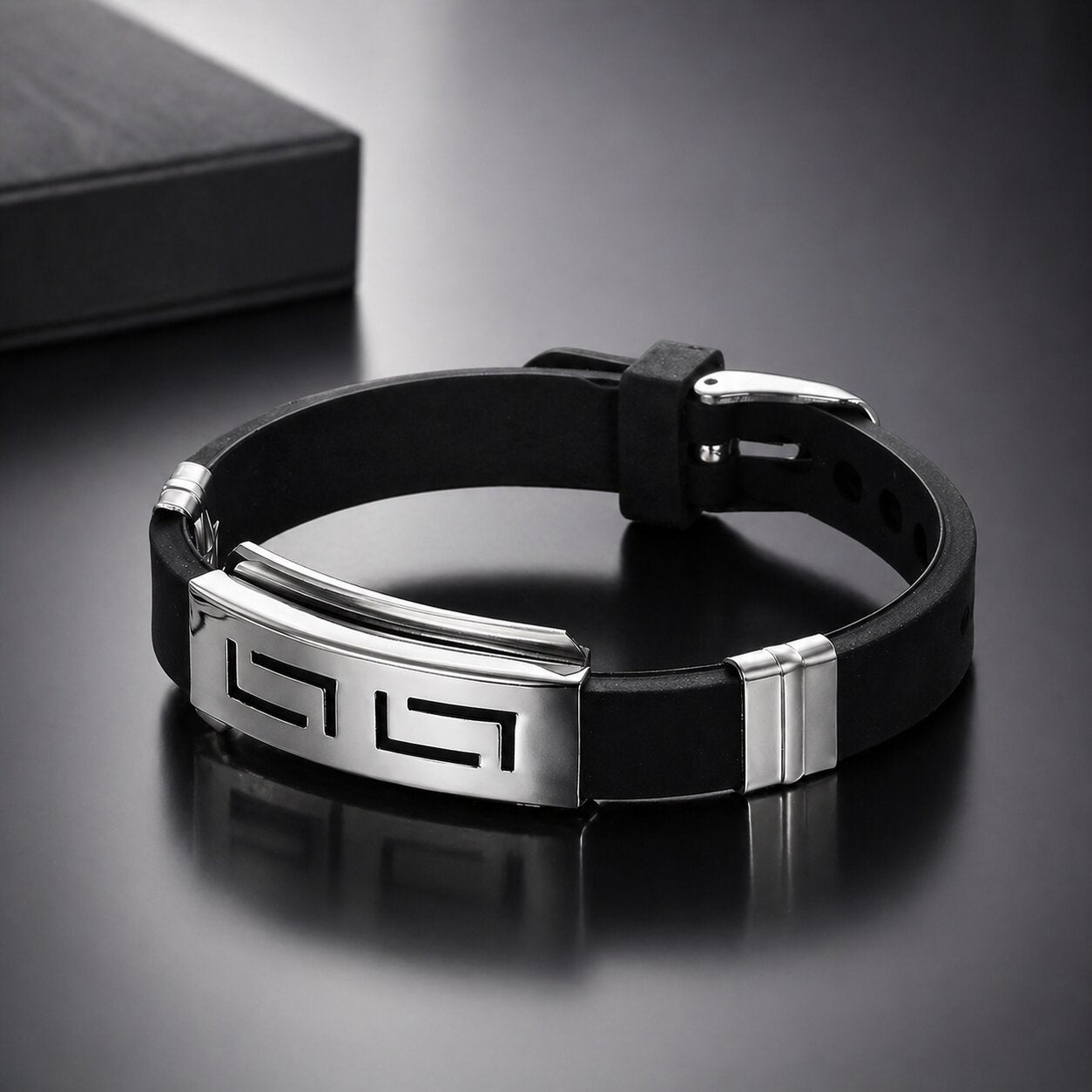 Black Stainless Steel Silicone Wristband Bracelet for Men