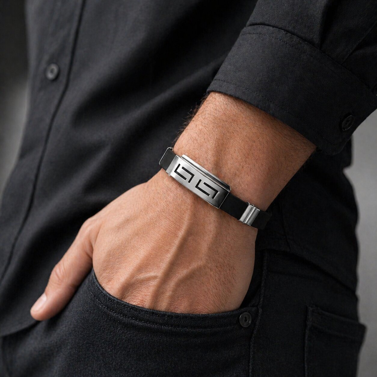 Black Stainless Steel Silicone Wristband Bracelet for Men