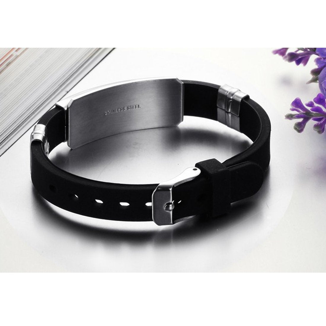 Black Stainless Steel Silicone Wristband Bracelet for Men