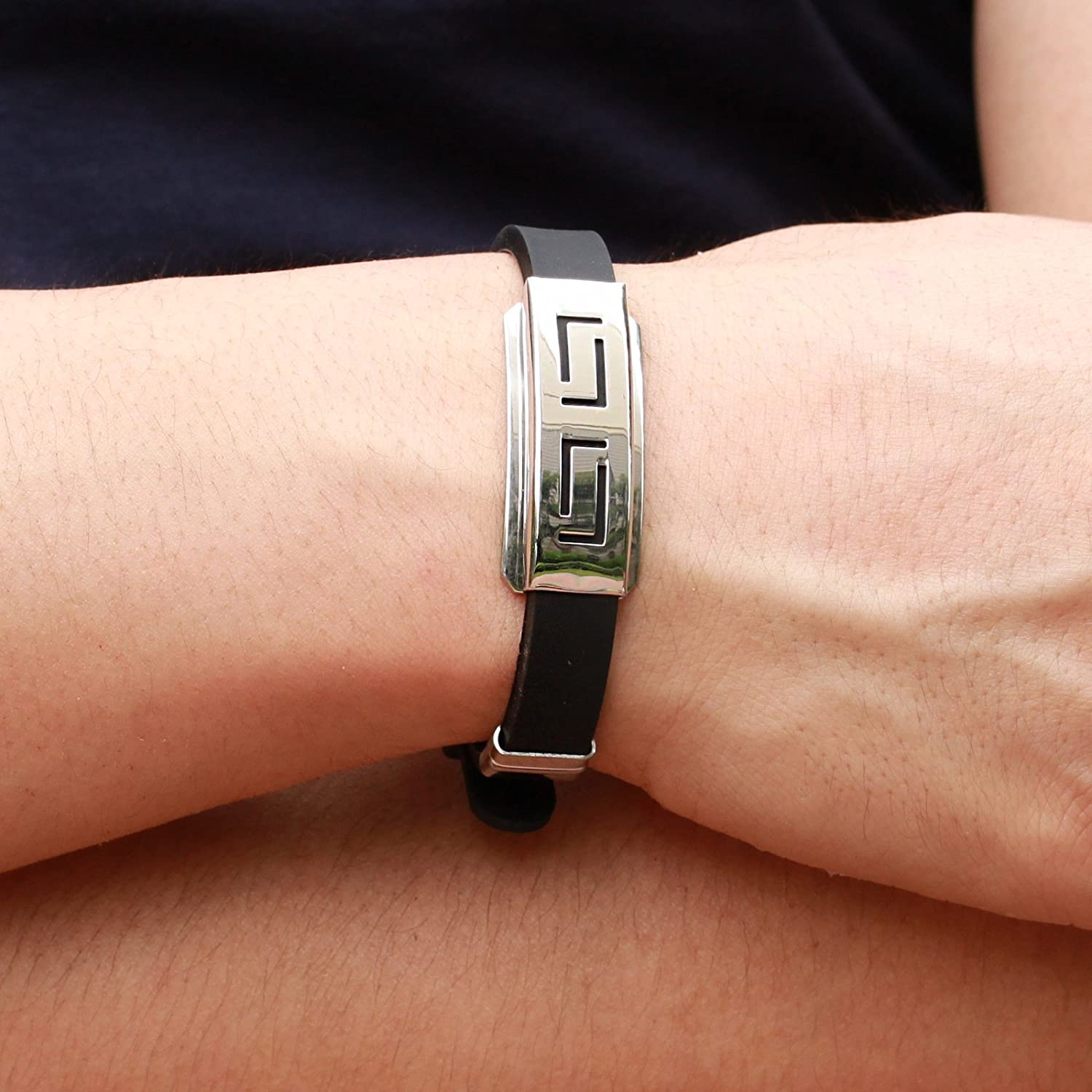 Black Stainless Steel Silicone Wristband Bracelet for Men