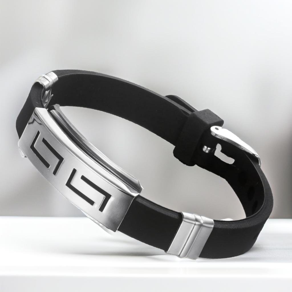 Black Stainless Steel Silicone Wristband Bracelet for Men