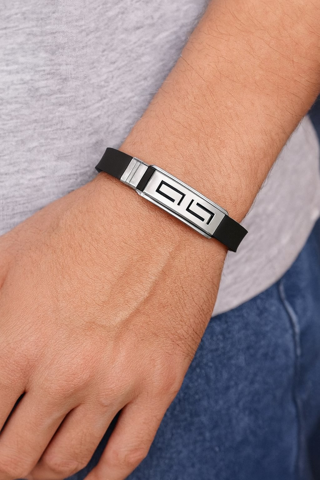 Black Stainless Steel Silicone Wristband Bracelet for Men